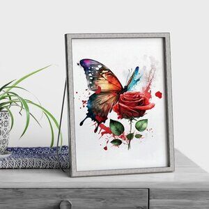 Butterfly with a Single Red Rose‎ Watercolor Oil Painting Art Print